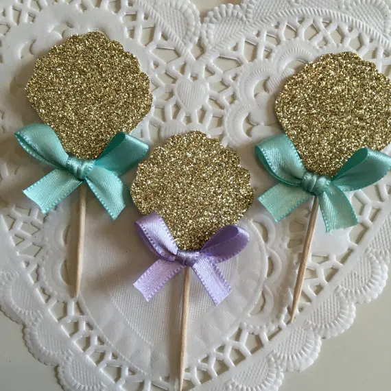 

glitter Aqua Gold Lavender Seashell Cupcake Toppers Under the Sea birthday bachelorette wedding baby bridal shower toothpicks