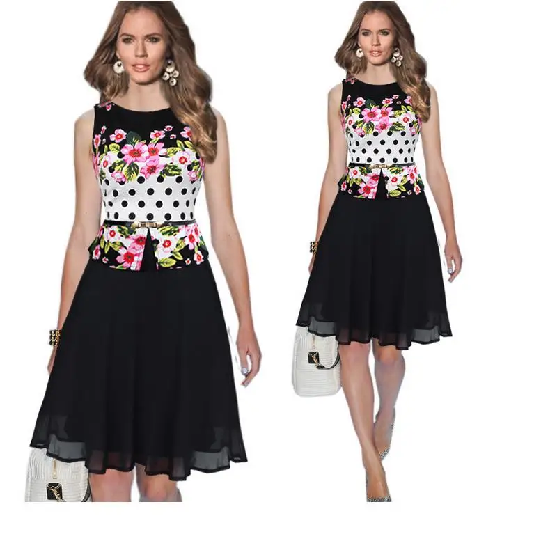 Printed chiffon stitching knee-length dresses sleeveless 2017 new summer O-neck dress Vestidos robe women plue size G27 | Женская одежда