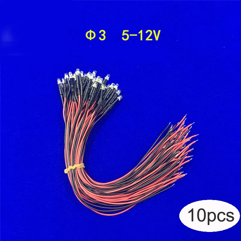 

10PCS Assembly RC Boat Model Handmade Material Small LED Bulb 5-12V Dia 3mm Ligth with Line/Wire Red/Blue/White/Yellow Color