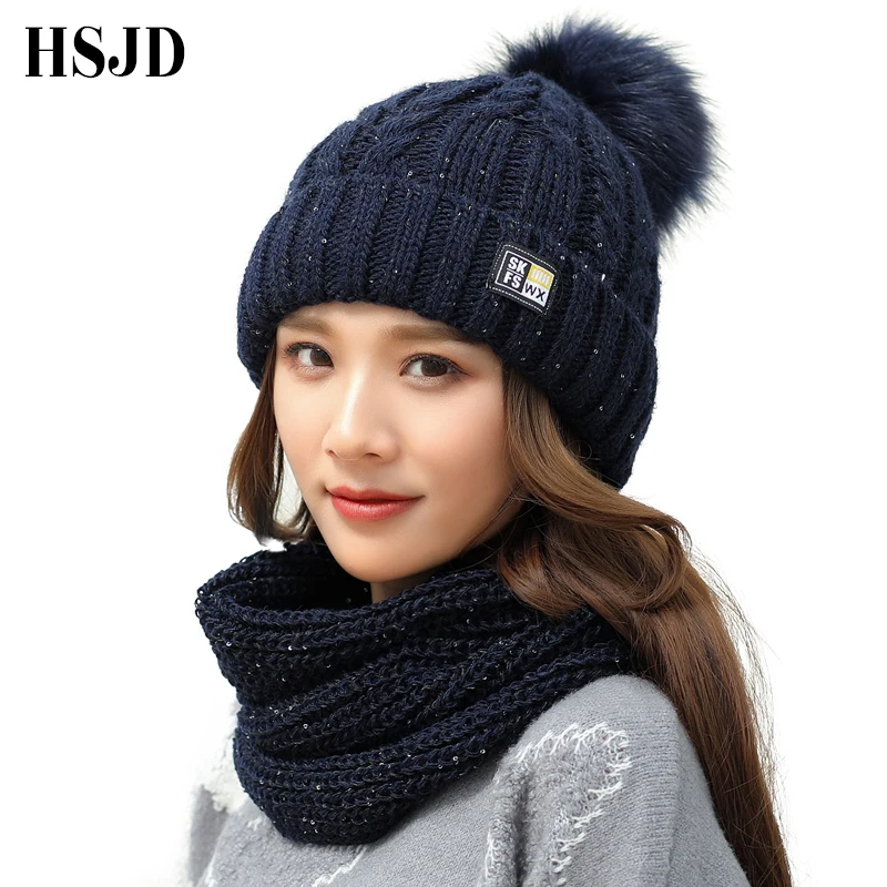 Модные вязаные шапки с блестками шарф комплект из 2 шт. женская зимняя шапка