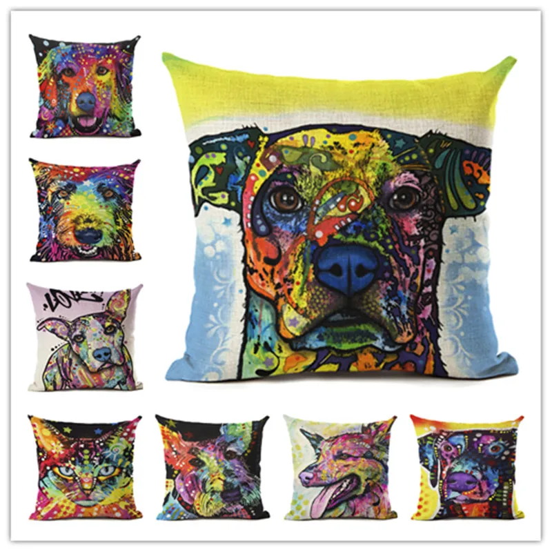 Мультяшный стиль Цветная собака с принтом льняной Хлопковый чехол для подушки