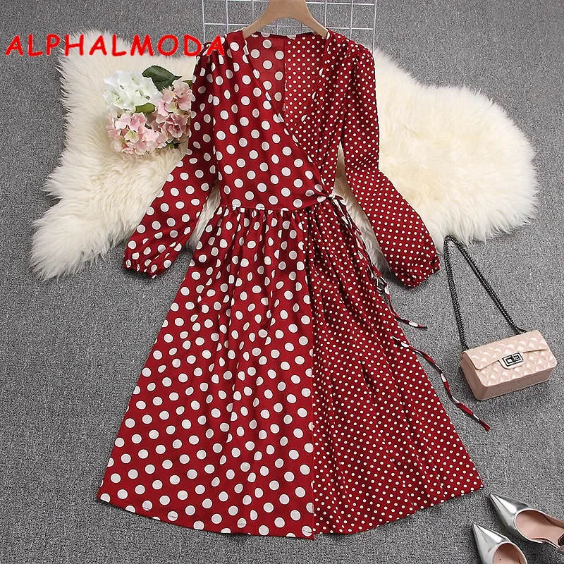 ALPHALMODA, весеннее платье, интересный узор в горошек, пэчворк, длинный рукав, пояс, женское, винтажное, до середины икры, элегантное, Vestidos