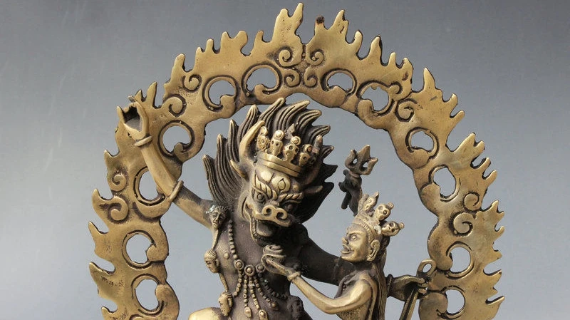 8-дюймовая старая тибетская буддистская латунная статуя Ямантака Будда яма