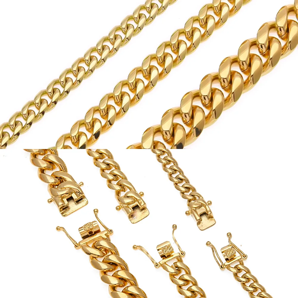 

CY&CM Hiphop Men Jewelry Solid Clasp Gold Stainless Steel Miami Cuban Link Chain 8/10/12/14mm Punk Heavy Long Necklace 18"20"30"