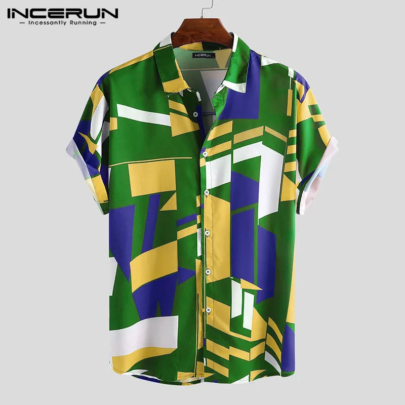 INCERUN Summer Men Beach Shirt Geometric Print Short Sleeve Lapel Neck Button Leisure Hawaiian Shirts Men 2022 Streetwear S-5XL
