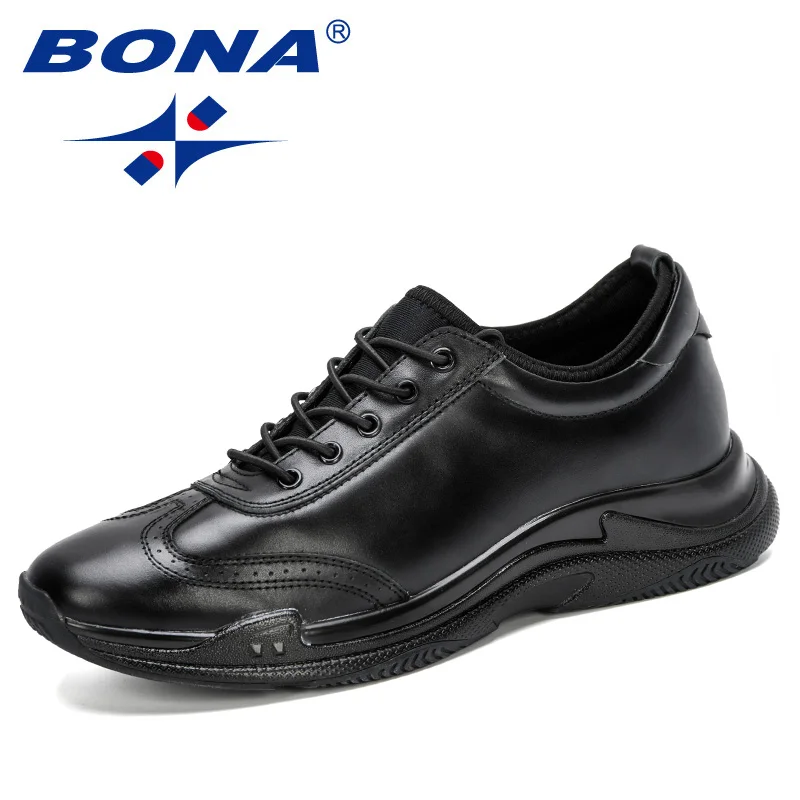 Black BONA/Новинка года; дизайнерская мужская повседневная обувь из натуральной кожи; модные кроссовки на шнуровке для мужчин; Уличная обувь на плоской подошве; Мужская обувь для отдыха - Цвет: Black