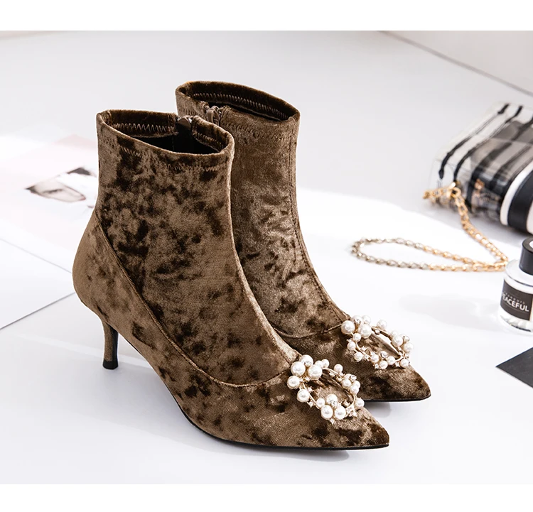 Kmeioo zapatos de mujer женские ботинки Зимние ботильоны на высоком каблуке с кристаллами |
