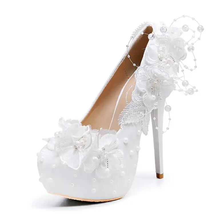 14cm shoe Новое поступление, белые кружевные свадебные туфли для невесты, туфли на высокой платформе 14 см, милые модельные туфли для вечерние, модные туфли с аппликацией и жемчугом - Цвет: 14cm shoe
