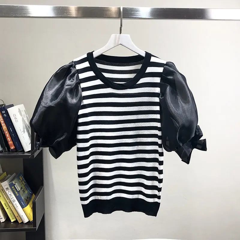black striped LUOSHA, женские летние тонкие трикотажные топы с короткими рукавами в полоску из органзы с рукавом-фонариком и бантом, женские модные летние топы - Цвет: black striped