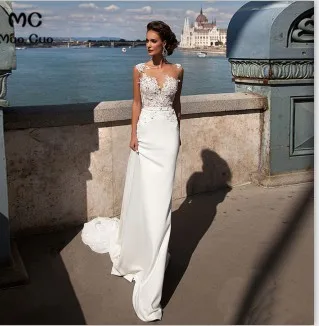 Белый Новинка, иллюзия, Русалка, свадебные платья с аппликацией, Robe de mariage, совок, атлас, vestido de noiva, свадебные платья - Цвет: Белый