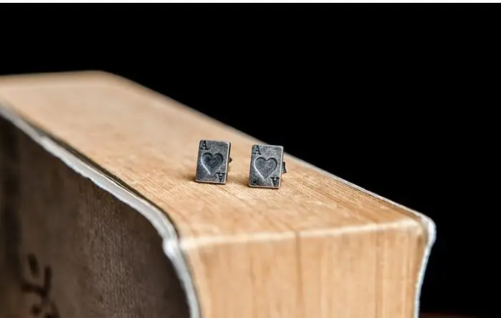 Personalized Heart Playing Poker Cards Stud Earrings Genuine 100% 925 Sterling Silver Punk Style Jewelry | Украшения и аксессуары