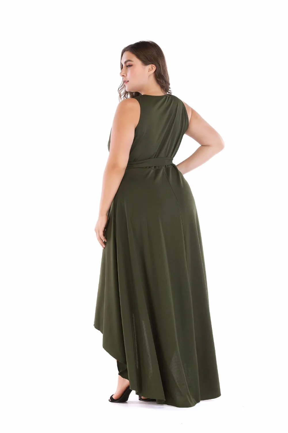 Large Size Party Deep V Neck Sleeveless Maxi Dress Amy Green Lady Evening Swing Asymmetrical Hem High Low Cami 5XL | Женская одежда