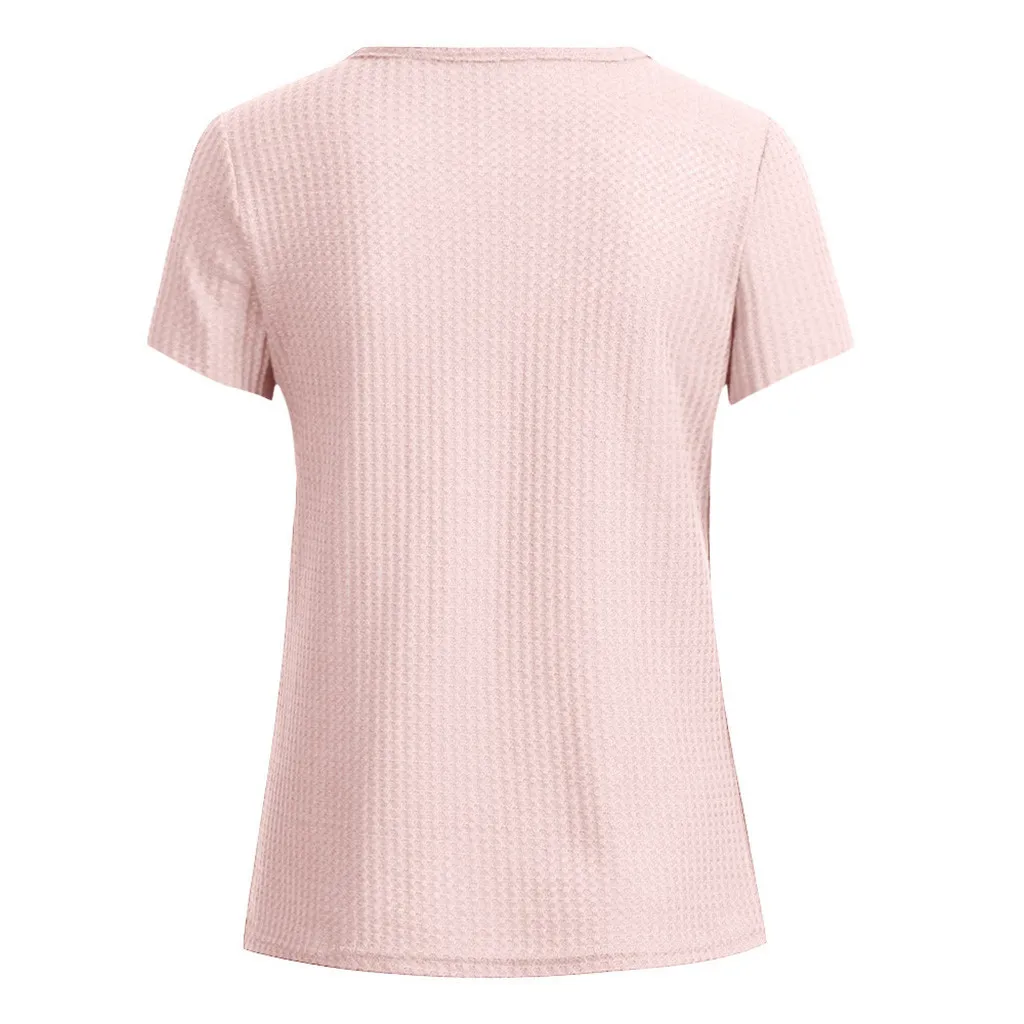 

Womens Tops And Blouses 2019 Casual Solid Short Sleeve Split V-Neck Waffle Knit Shirt Pullover Top Blouse blusas mujer