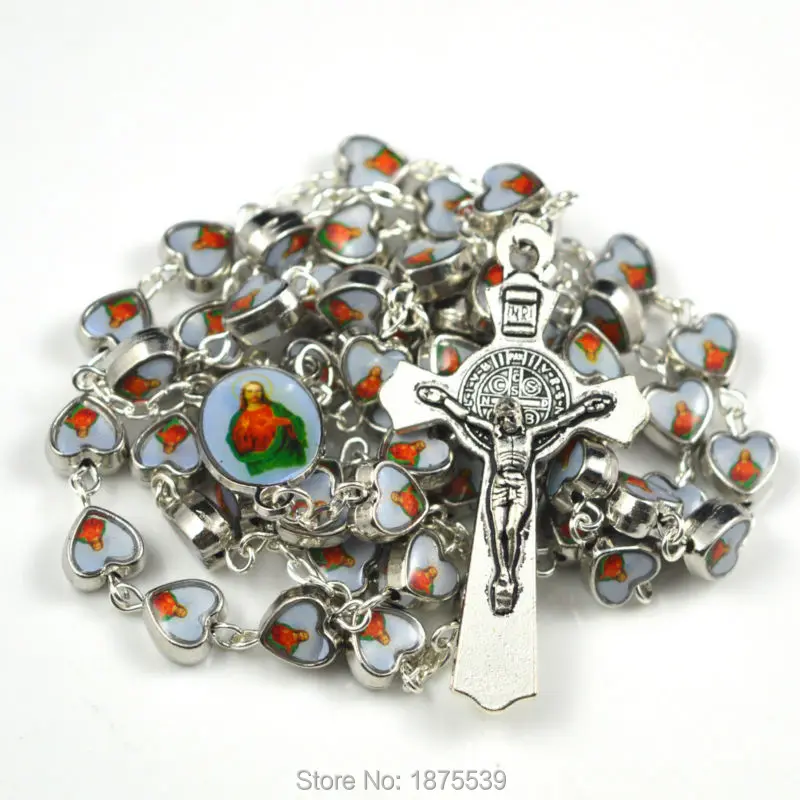 Jesus heart alloy bead rosary necklace with same picture centerpiece and benedict cross |
