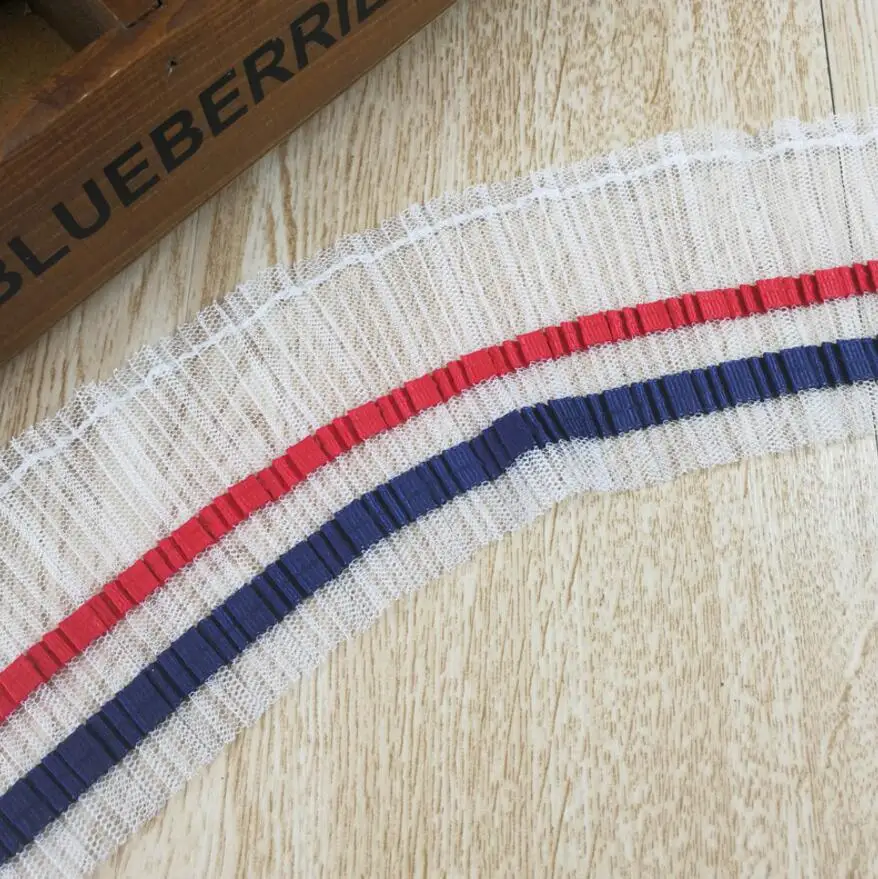 15 ярдов красный/белый/синий плиссированная шифоновая кружевная ткань отделка