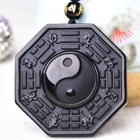bruce accept drop shipping natural black obsidian hand carved chinese taiji bagua lucky energy necklace pendant fashion jewelry