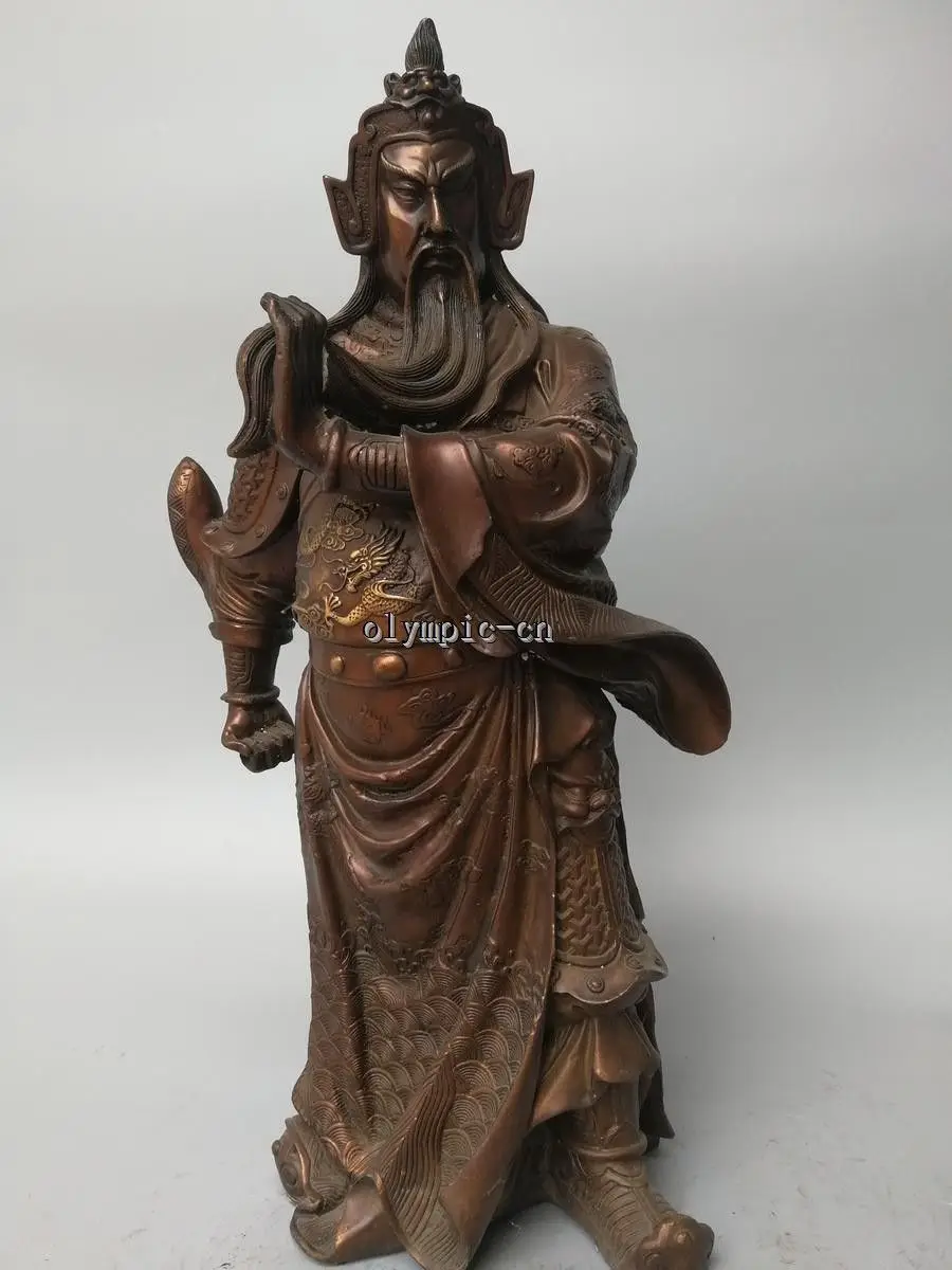 19'' red bronze carved dragon figure chinese folk war god Guan Gong statue