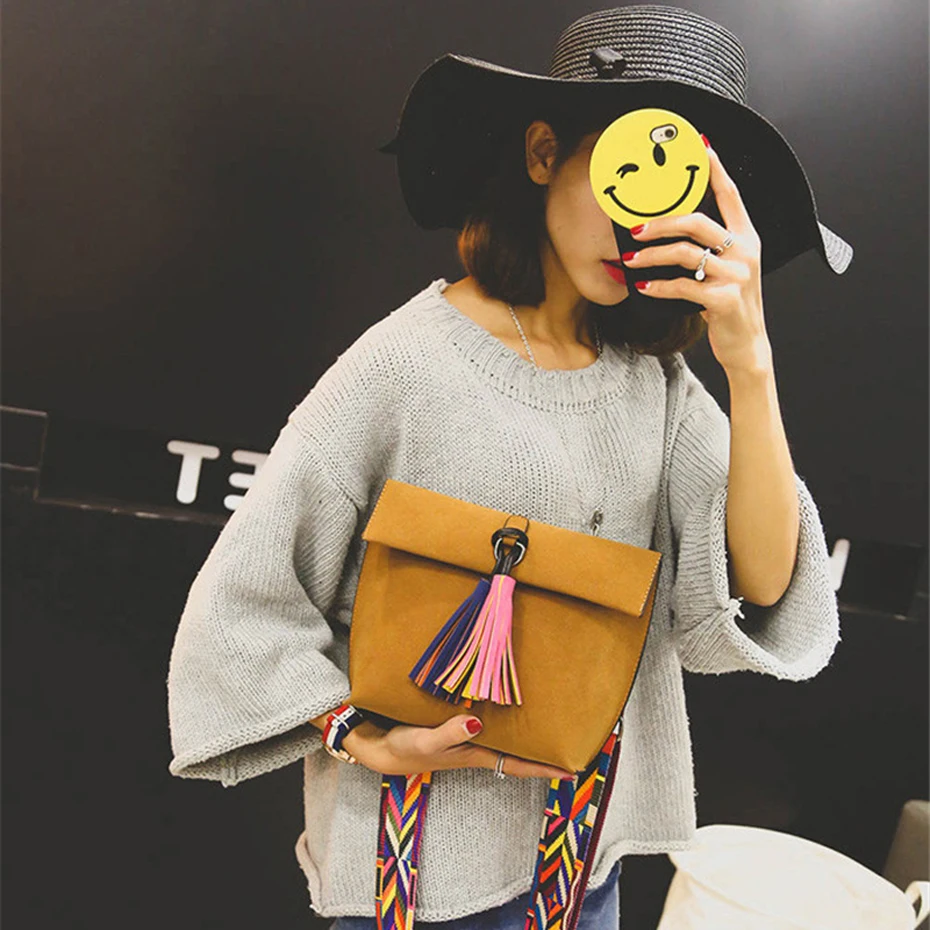 DAUNAVIA Women Scrub Leather Design Crossbody Bag Girls With Tassel Colorful Strap Shoulder Female Small Flap Handbag | Багаж и сумки