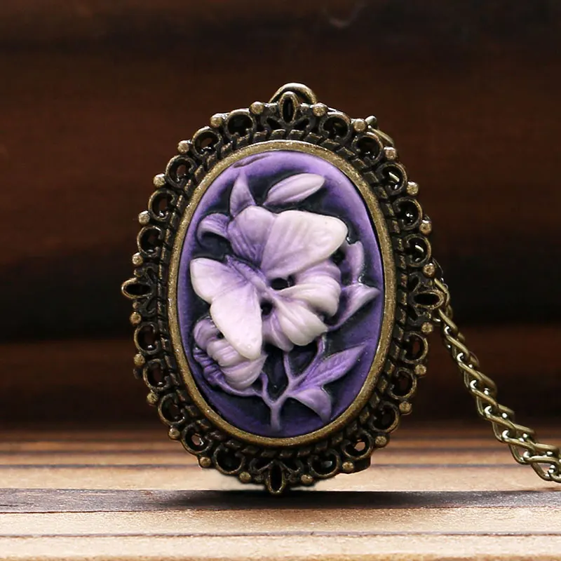 Retro Women's Purple Flower Butterfly Pattern Little Small Pocket Watch Necklace Pendant Fob Watch Birthday Gift for Lady Girls