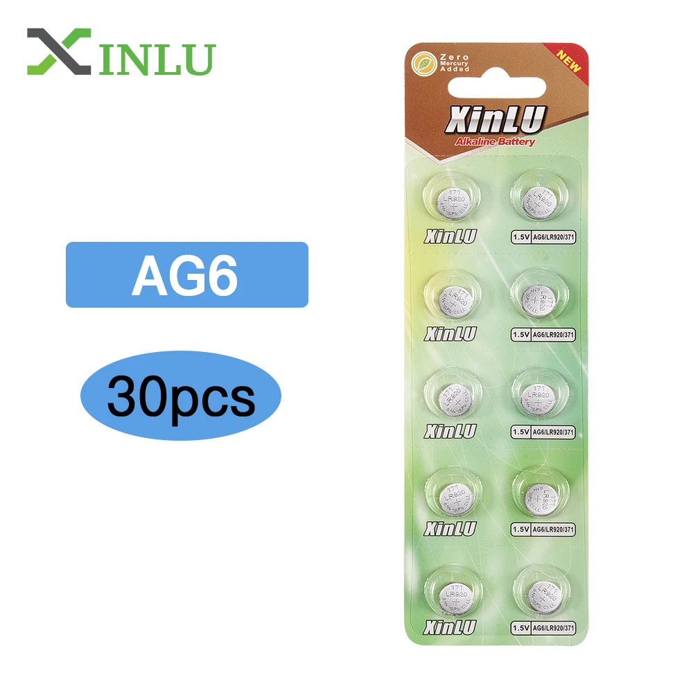 

30pcs AG6 371 SR920SW LR920 SR927 171 370 L921 LR69 SR920 1.55V Button Cell watch Coin Alkaline Battery ,XINLU Battery