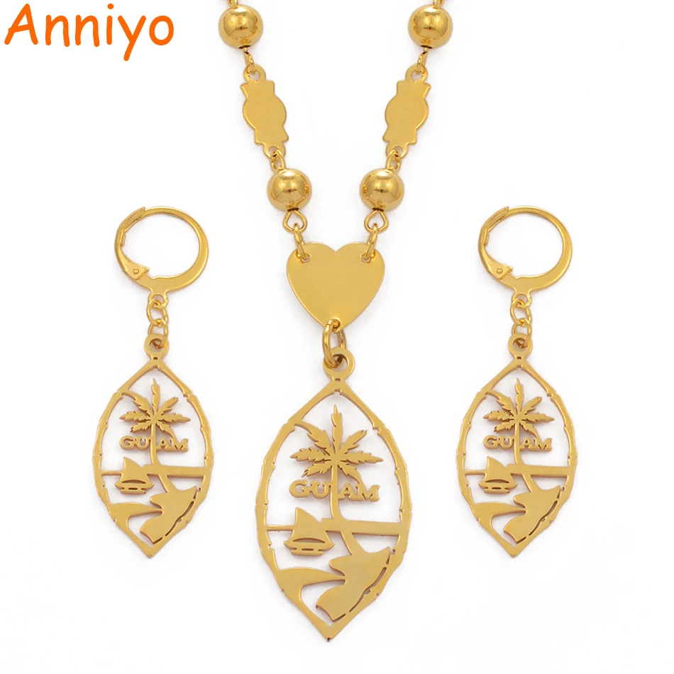 

Комплект ювелирных изделий Anniyo Guam, ожерелье и серьги с подвесками для женщин и девочек, золотого цвета, этнические украшения #109521