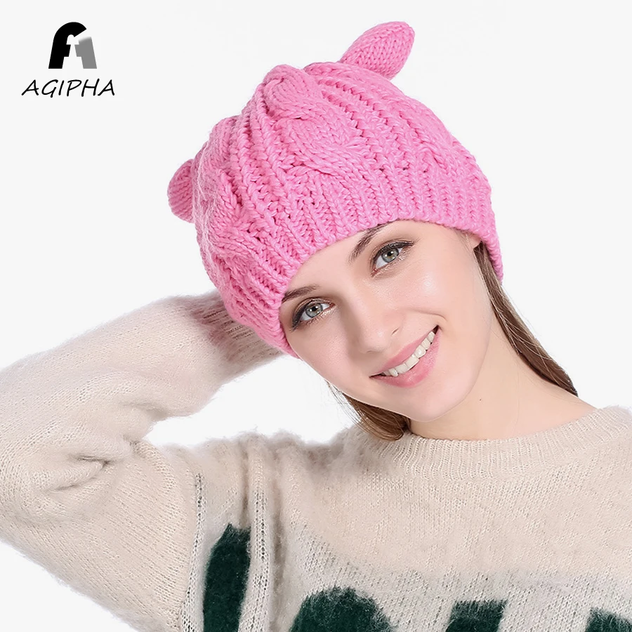 Забавные милые шапки-бини с ушками для женщин и девушек однотонные черные