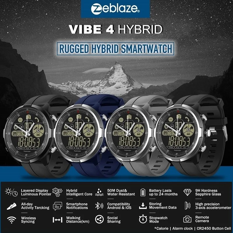 Новые оригинальные гибридные Смарт-часы с сапфировым стеклом Zeblaze VIBE 4, прочные гибридные Смарт-часы 50 м, водонепроницаемые, 33 месяца, время ожидания