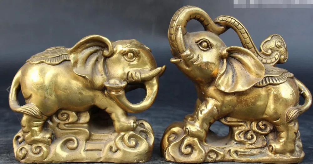 Китайские бронзовые богатые Yuanbao Ru Yi слон Слонопотама животных пара статуя|statue