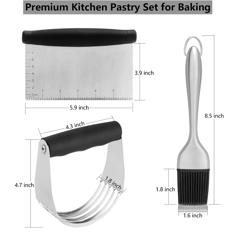 3PCs Stainless Steel Pastry Cutter Set Blender Dough Scraper Brush Home Cuisine Bakeware DIY Kitchen Baking Tools |