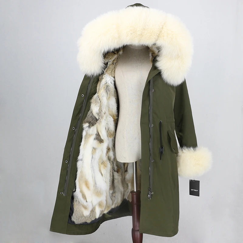 green beige OFTBUY X-long Parka водонепроницаемое пальто натуральный мех зимняя куртка женская натуральный Лисий мех воротник капюшон манжеты подкладка из натурального кроличьего меха Повседневная - Цвет: green beige