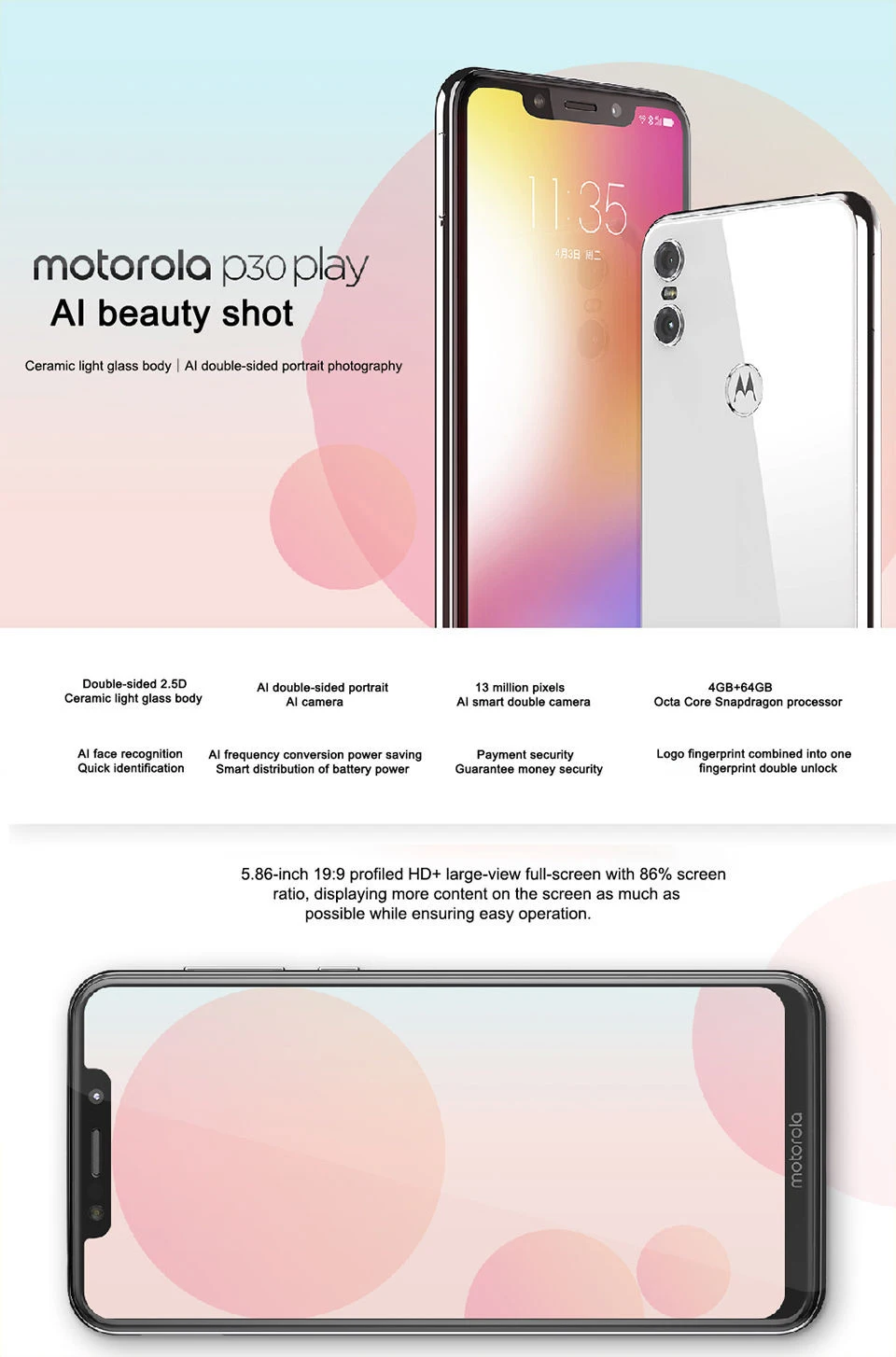 Смартфон Motorola MOTO P30 Play с глобальной прошивкой, 4G, 64G, FDD-LTE, Восьмиядерный процессор Snapdragon 625, ZUI 4,0, Android 8,1, отпечаток пальца