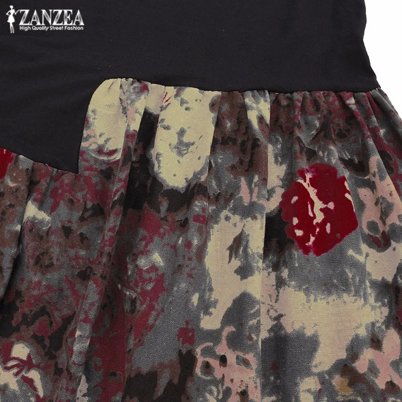 Женское платье макси ZANZEA, Осенние Повседневные Вечерние платья с длинным рукавом, женское лоскутное платье с цветочным принтом размера плюс, сарафан