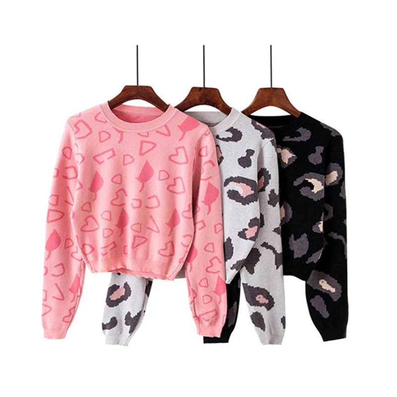 2019 Autumn Winter Women Sweater Short Pullover Knitted Leopard O-Neck Long Sleeve Fashion Casual Loose jumpers ladies | Женская одежда