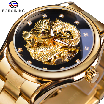 Forsining Luxury Dragon Skeleton Automatic Mechanical Watches Men Wrist Watch Stainless Steel Strap Gold Clock Waterproof Montre