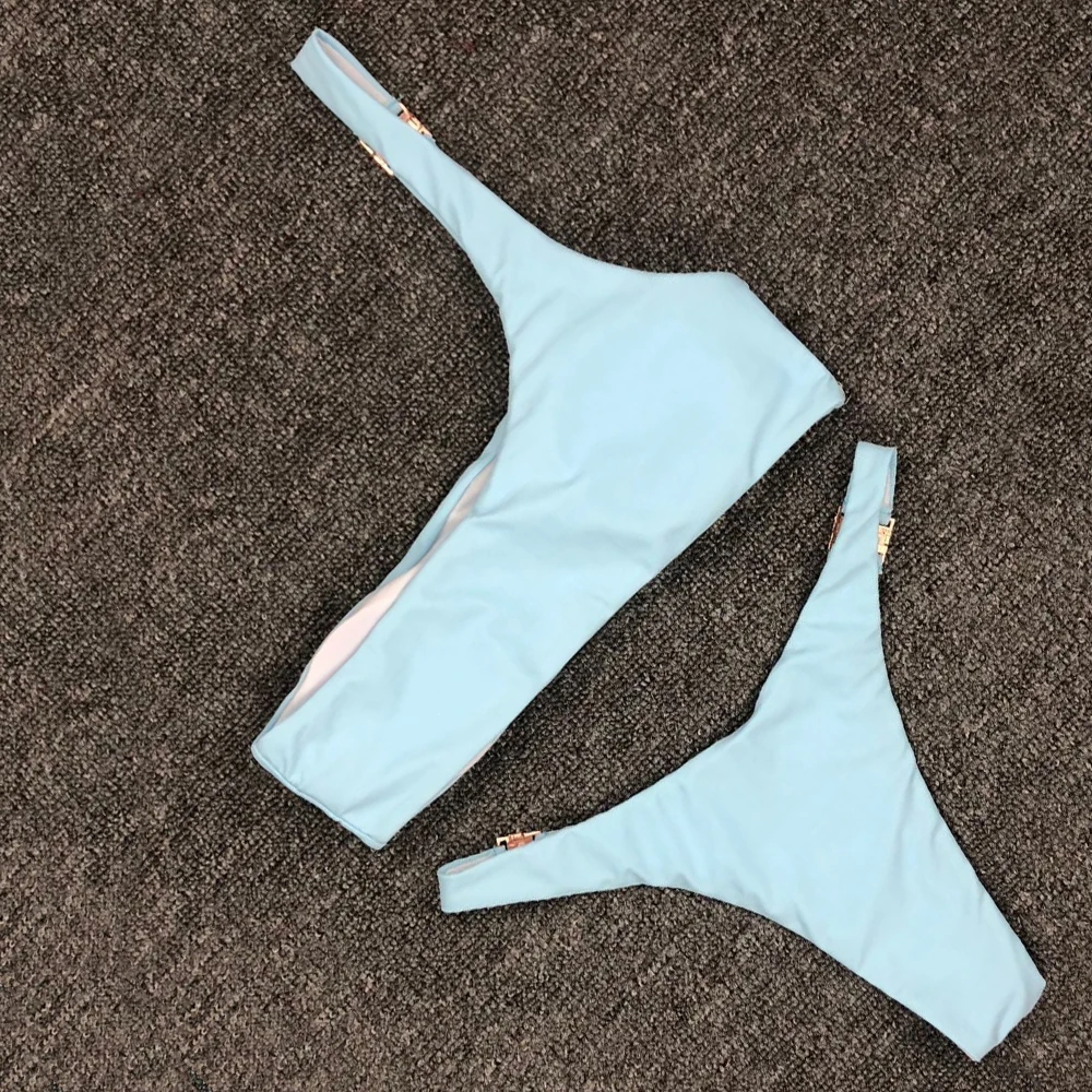 Бикини на одно плечо однотонный комплект бикини сексуальные стринги купальник