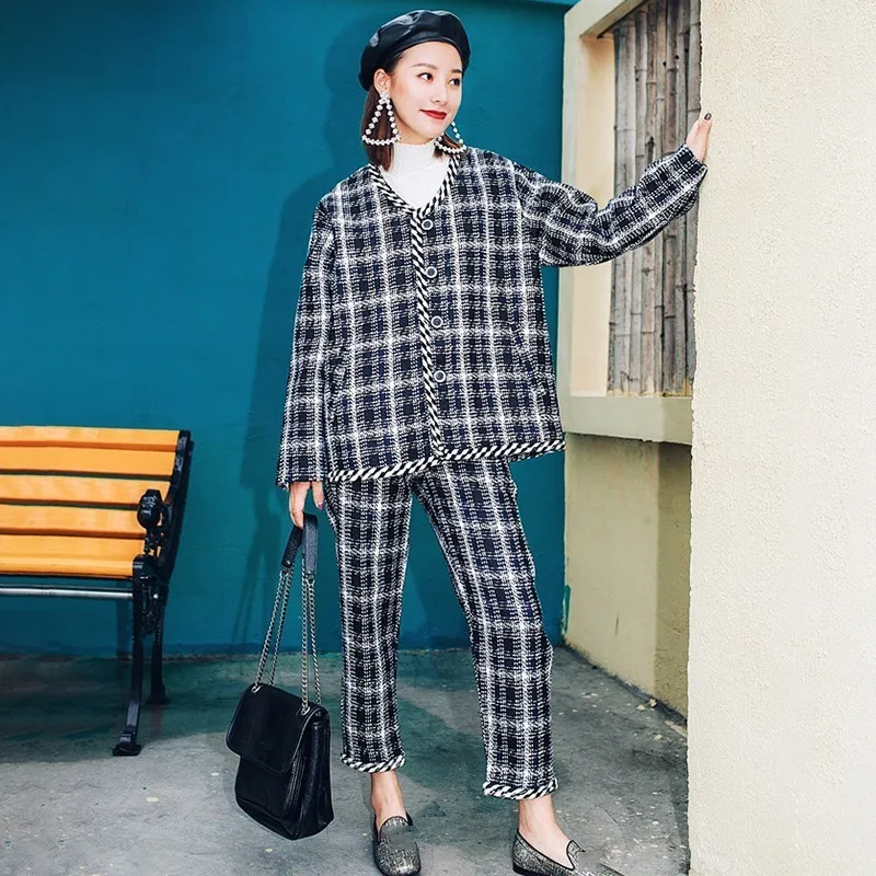 Женский комплект одежды в клетку кардиган с длинными рукавами и штаны высокой