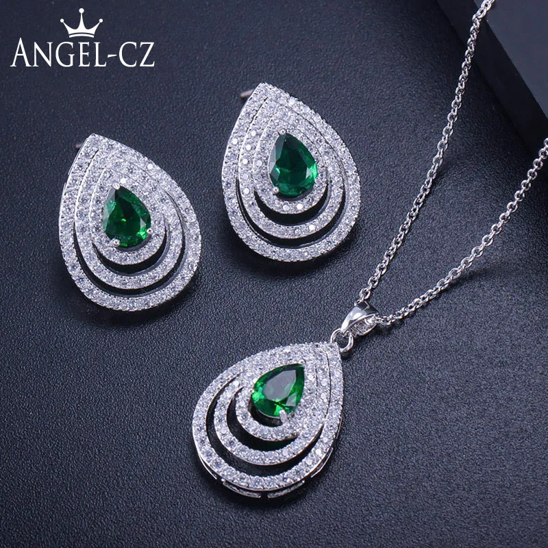 Женские серьги и ожерелье ANGELCZ с зелеными кристаллами серебряного цвета