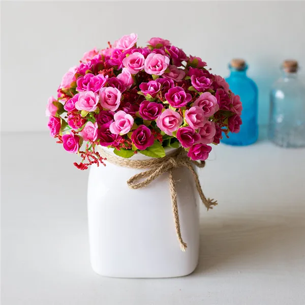 Rose Red 21 голова Искусственные пластиковые розы цветы свадебные свадебное оформление букета поддельные 7 вилка Мини роза Шелковый цветок Романтический домашний декор - Цвет: Rose Red