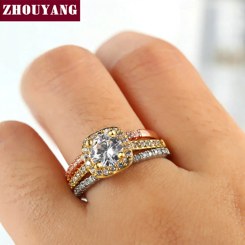 ZHOUYANG наборы свадебных колец для женщин классические круглые Огранки AAA + CZ