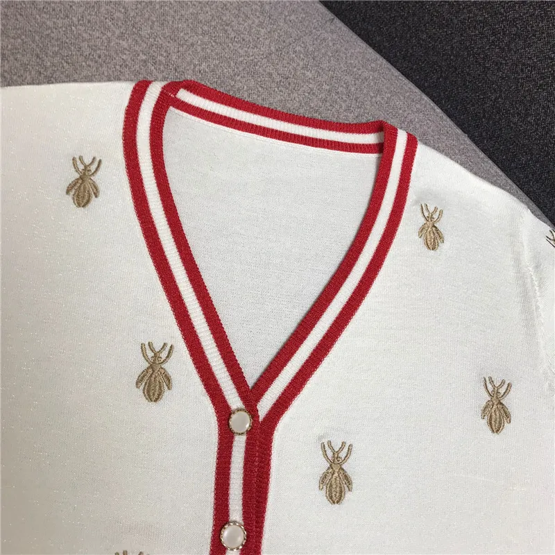 Luxury Designer Brand Knitted Cardigans for Women V Neck Bee Embroidery Bright Silk Thin Loose Sweater |