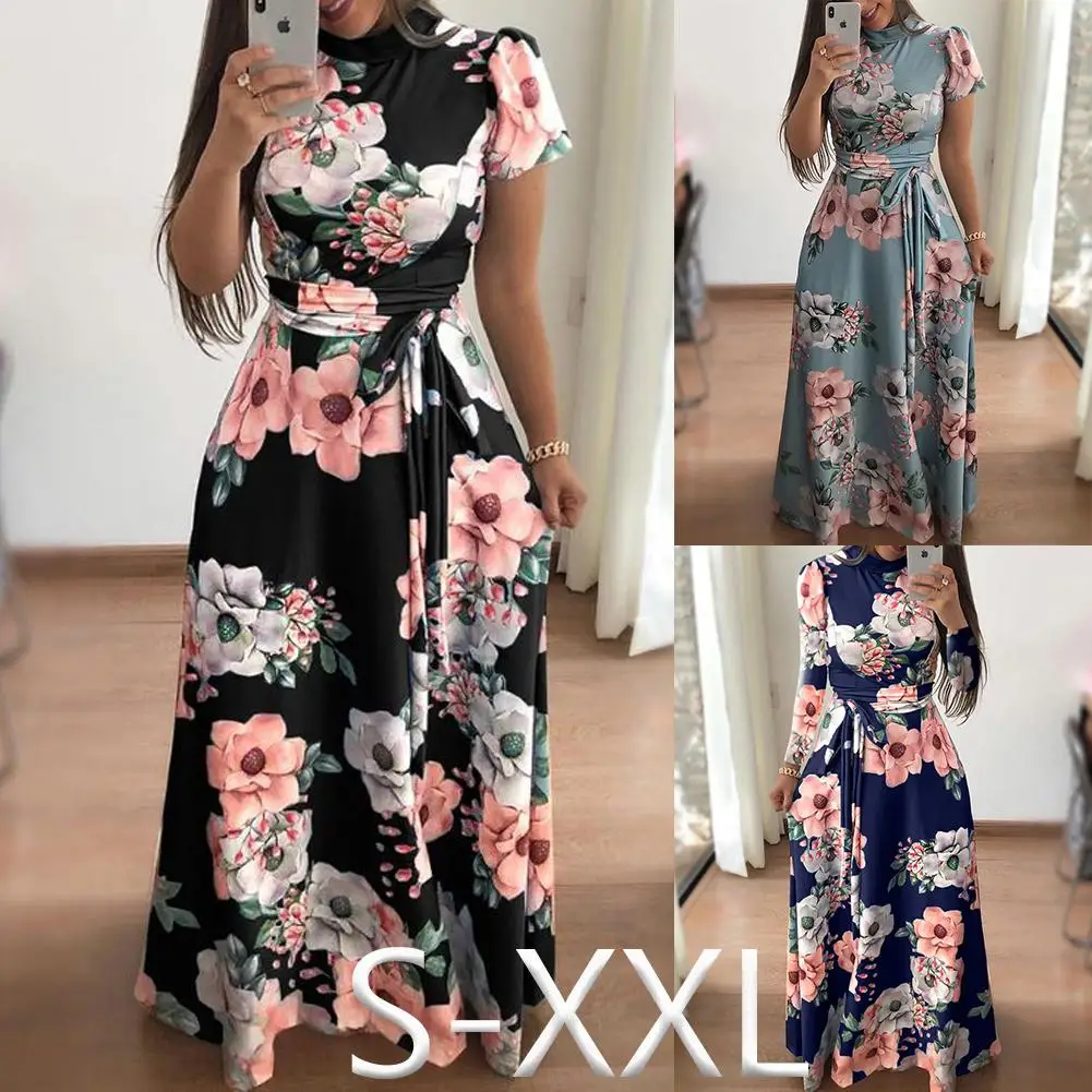 Women Summer Dress 2019 Casual Short Sleeve Long Boho Floral Print Maxi Turtleneck Bandage Elegant Dresses Vestido | Свадьбы и