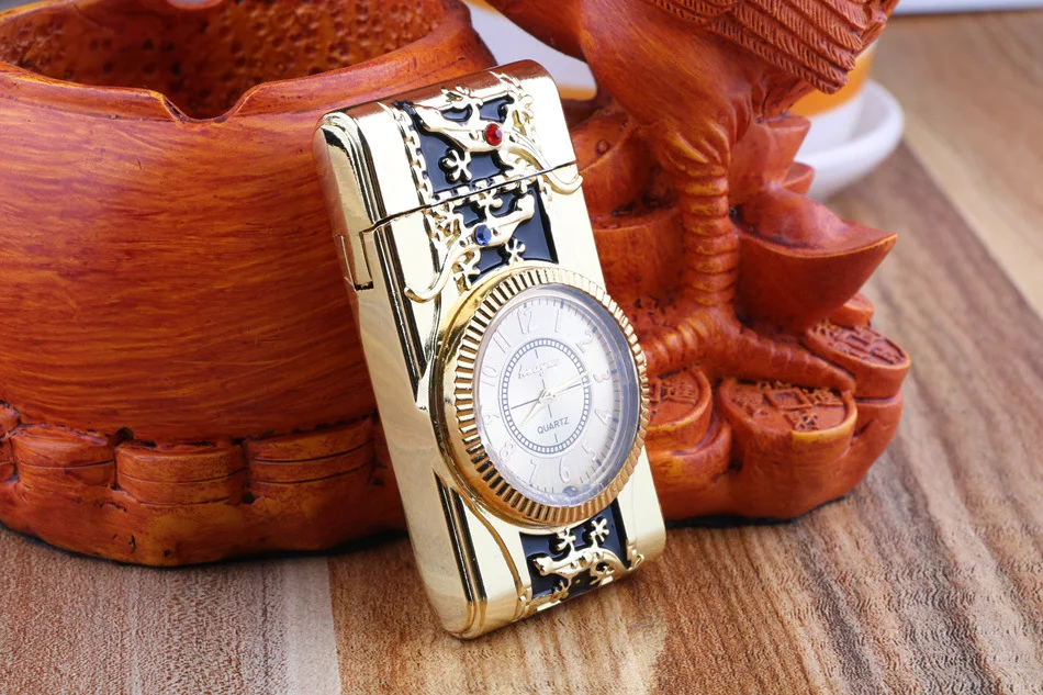 Gecko моделирующие часы с зажигалкой, часы, кварцевые зажигалки, газовый компактный Бутан, струйный фонарь, сигарета, сигары, прямая зажигалка для мужчин, подарок