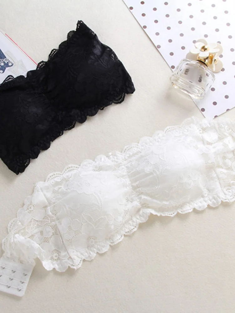 Женский Кружевной Топ без бретелек белый черный с пуш-ап однотонный 2019 | Женская