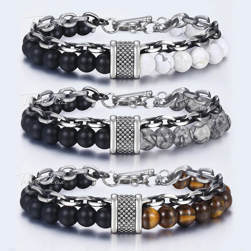 Браслет с бусинами из натурального камня мужской двухслойная рулонная сталь