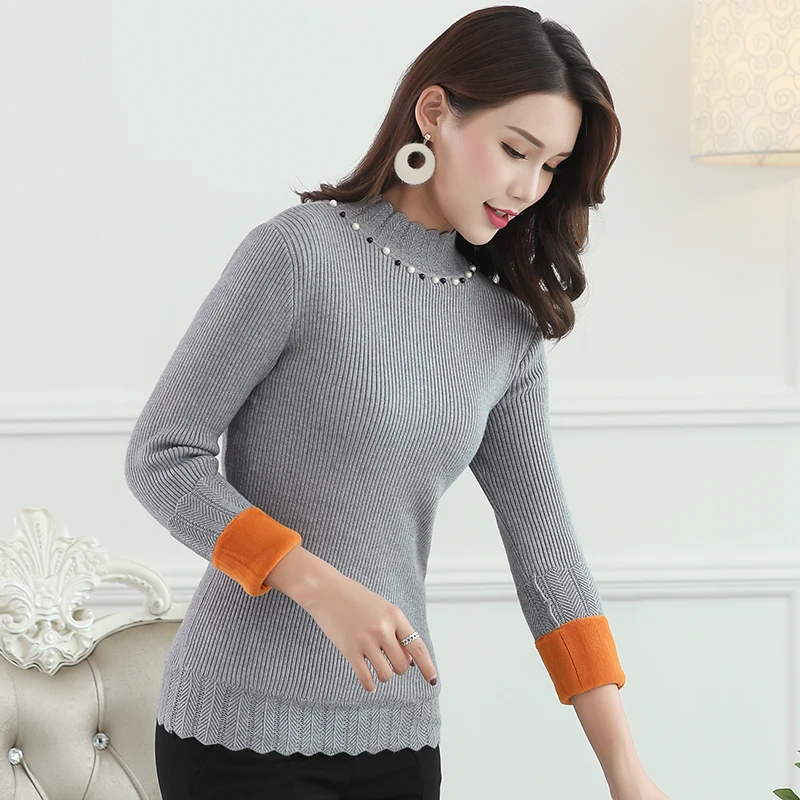 WKOUD Winter Sweater Women Pearl Beading Turtleneck Thicken Jumper Mom Warm Fleeces Pullovers Long Sleeve Render Clothes M9034 | Женская