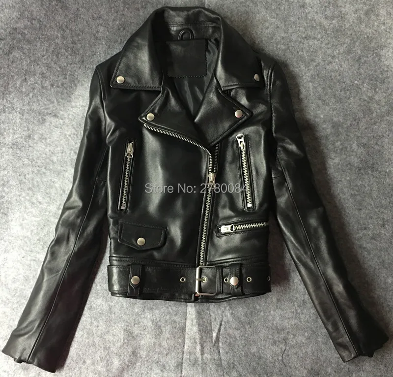 Женская короткая приталенная мотоциклетная куртка из натуральной овечьей кожи