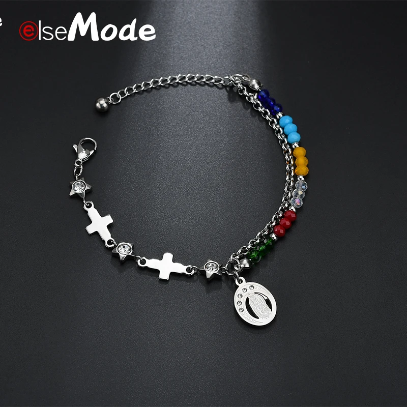 ELSEMODE винтажные Двойные Браслеты с цепочкой Дева Мария/Крест браслеты из
