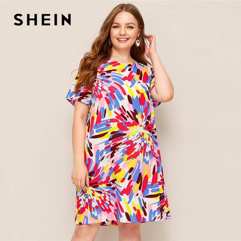 SHEIN Разноцветное Платье Размера Плюс С Принтом Женское Летнее Многоцветное Повседневное Платье С Короткими Рукавами И Круглым Вырезом