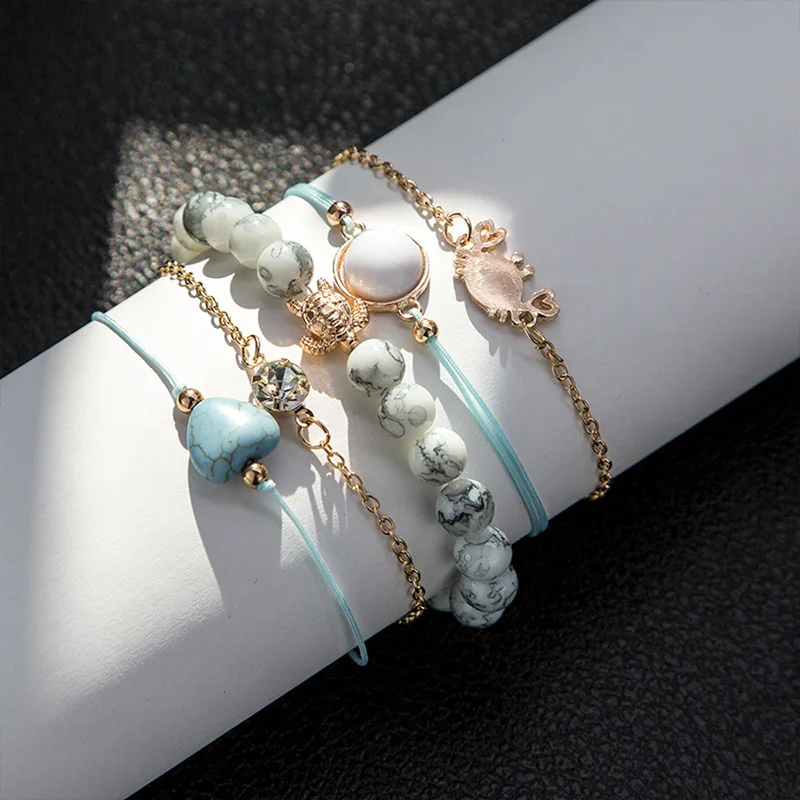 Cute Turtle bracelets Beaded Chain Multilayer Pendant Gold color travel Bracelet Set trendy Jewelry Christmas Gift  Украшения