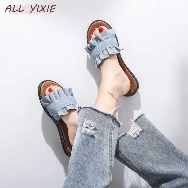 Все YIXIE 2019 Популярные летние модные женские тапочки из джинсовой ткани черного и